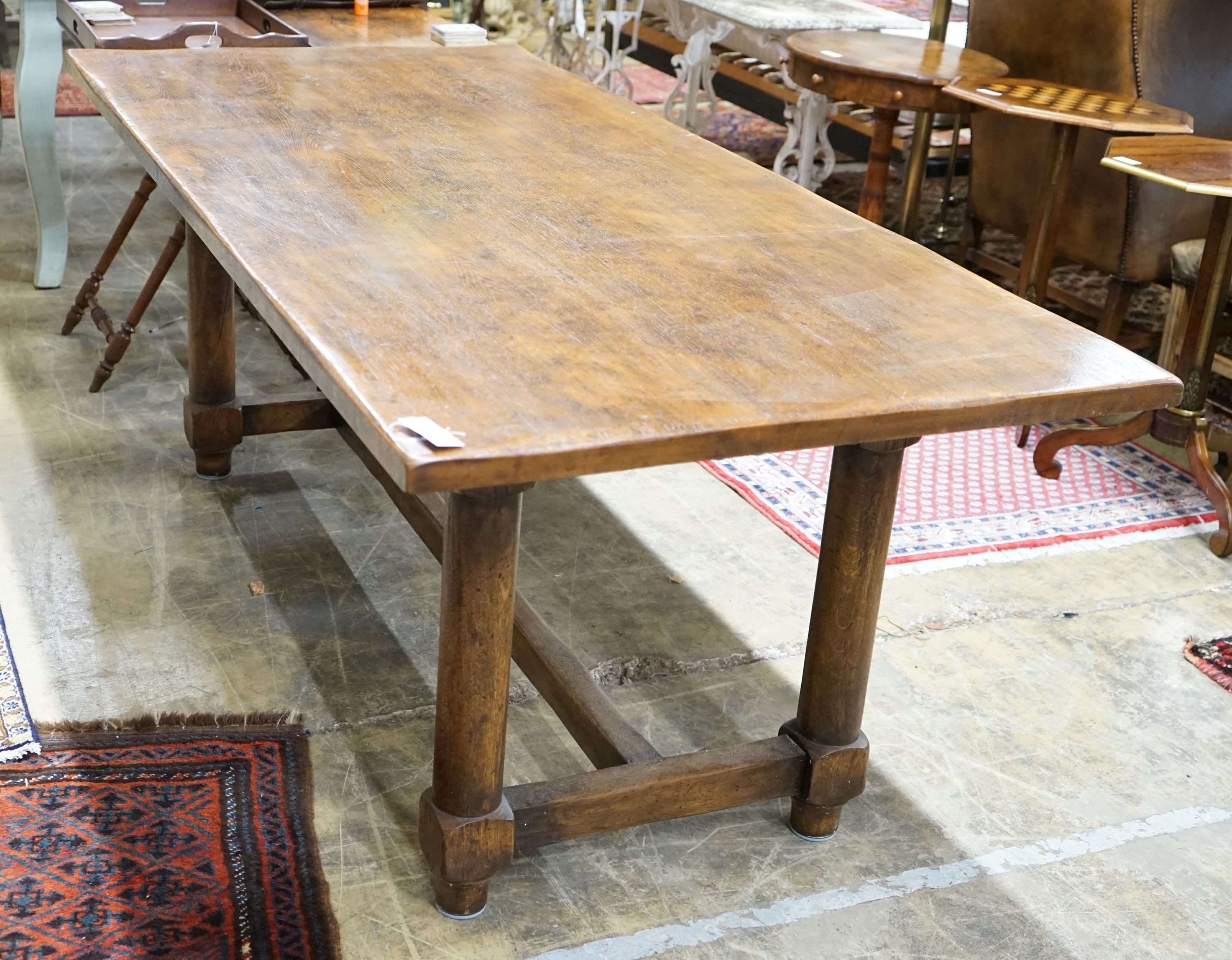 An 18th century style rectangular oak refectory dining table, length 198cm, depth 92cm, height 76cm
